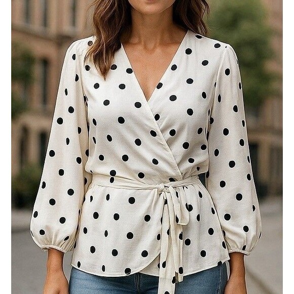 MERAKI Peplum Faux Wrap Blouse Long Sleeves White With Black Dots - Picture 1 of 11